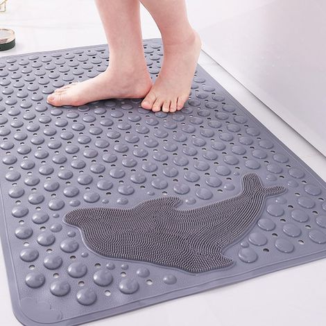 Tapis de douche rectangulaire antidérapant à ventouses, séchage rapide, zone de massage en forme de dauphin, 35 x 70 cm, Gris (1/5)
