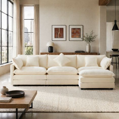 Canapé d'angle réversible 283x147x84cm, coussins doubles, canapé en L avec pouf amovible, canapé 3 places beige, tissu chenille (1/5)