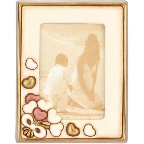 THUN - Cornice Portafoto da Tavolo Rettangolare, Color Avorio, Decorata con Cuori - Accessori e Decorazioni Casa - Linea Hearts - Formato Medio - Ceramica - Formato Foto 10 x 15 cm (1/4)
