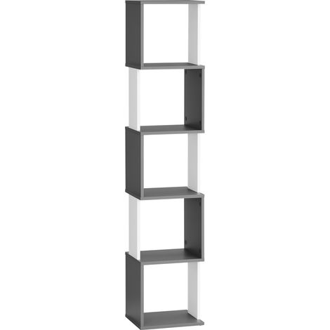 Modern 5-Tier Bookshelf, Freestanding Bookcase Storage Shelving for Living Room Home Office Study, White and Dark Grey