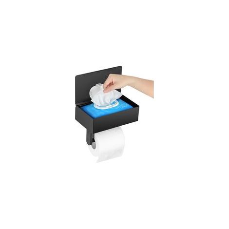 Porte-papier hygiénique mural avec étagère et rangement lingettes, inox, L, noir –
