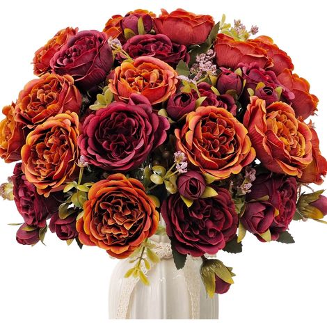 Lot de 4 Bouquets de Pivoines Artificielles d'Automne Fleurs en Soie Décoration pour Vase Table Salon Intérieur Extérieur (1/5)