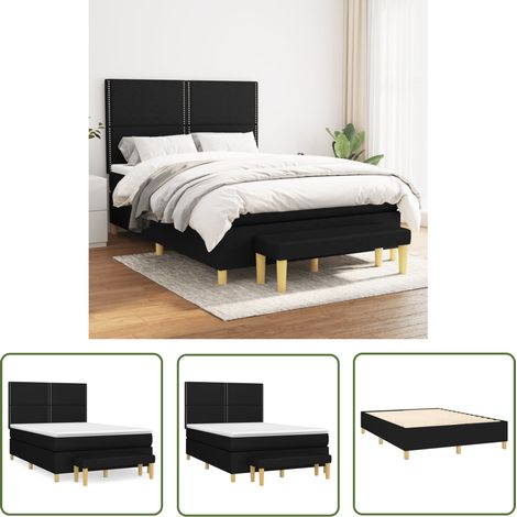 The Living Store Sommier à lattes de lit avec matelas Noir 140x200 cm Tissu - Lit Double - Lit Plateforme - Matelas À Ressorts Ensachés - Têtière Ajustable - Banc Rangement (1/5)