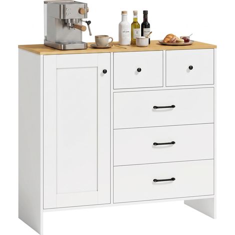 Buffet Cuisine, Meuble de Rangement avec 5 Tiroirs et Porte, Style Rustique, 100 x 40 x 94 cm, Blanc (1/5)