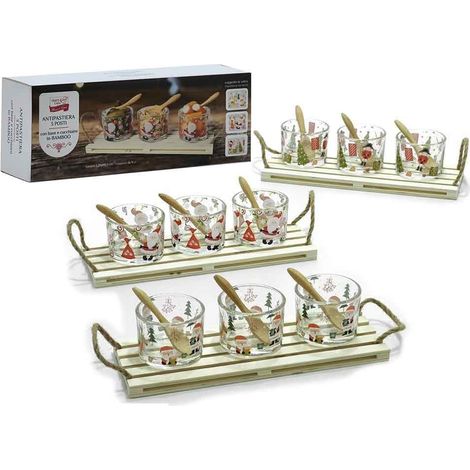 TrAdE Shop Traesio - Antipastiera 3 Posti Con Vassoio Base Cucchiai In Bambù Coppette In Vetro Decoro Natalizio - (1/2)