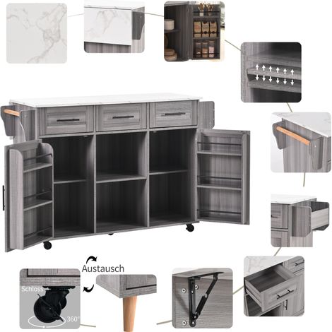 Carrito de cocina con tablero abatible 139 x 46(71) x 91,5 cm gris y efecto mármol blanco (1/5)