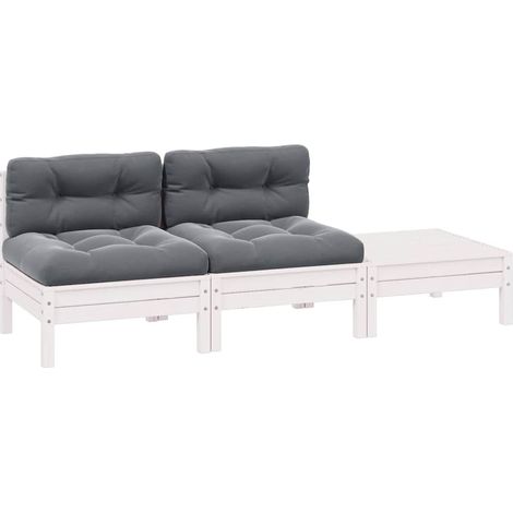 3-tlg. Garten-Lounge-Set mit Kissen Weiß Kiefer Massivholz