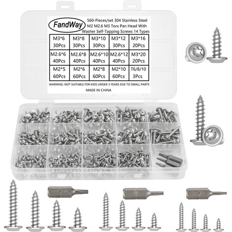 560 Pièces Vis a Autotaraudeuse Tête Bombée Torx,M2 M2.3 M3 Petites Vis à Bois Tête Ronde Avec Rondelle Acier Inox 304,Mini Tôle Autoperceuses Pour Bois Plastique Avec T6 T8 T10 Bit. (1/5)