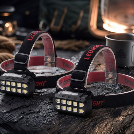 Confezione da 2 lampade frontali a LED ricaricabili tramite USB XHP40, impermeabili IPX6, regolabili a 90°, leggere (87 g) per campeggio e fai da te. (1/4)