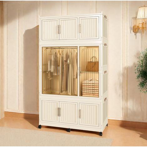Armadio 92x45x158 cm in polipropilene bianco crema con ruote salvaspazio - CHICFURN (1/5)