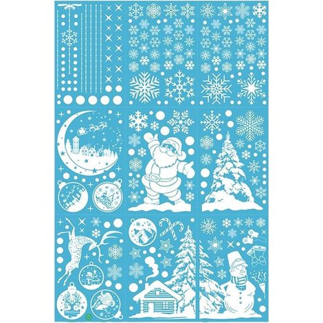 9 décorations de Noël pour fenêtre, 20 x 30 cm, grands autocollants d'hiver, flocons de neige blancs, boules à suspendre, cerf et sapin de Noël (autocollant blanc) (1/5)