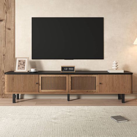 Meuble TV bas 190 cm, 2 portes ajourées à lattes et passe-câble, MDF et métal, salon moderne, marron (1/5)