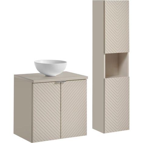 Ensemble AOKI: Unterschrank mit Schränken 60cm + beige Waschtischplatte + weiße runde Aufsatzwaschbecken + Säule