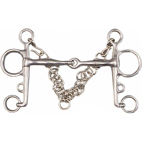 Morso Pelham in acciaio snodato imboccatura fina 12 mm con barbozzale e ganci: 12,5 cm, Silver