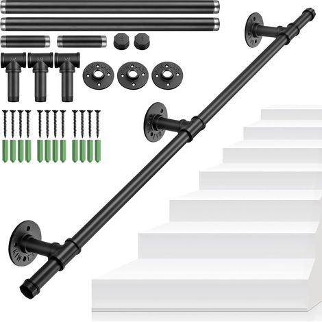 Kit Rampe d'Escalier Modulable 1m Industriel Noir Tube Galvanisé 25mm Main Courante à Assembler Multi-Usages Rampe Barre Sécurité Porte-Manteau Charge 10kg/Point Intérieur/Extérieur (1/5)