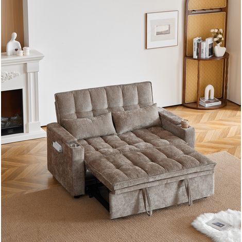 Canapé-lit 3-en-1 de 142 cm en tissu marron, convertible avec fonction chaise longue, coussins effet nuage, 2 coussins lombaires, rangements, poches et porte-gobelets – CHICFURN (1/5)