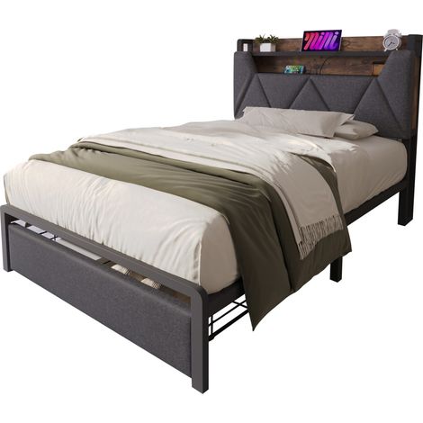 Cama 90 x 200 tapizada en tela gris con cabecero con almacenamiento, 3 USB y Tipo C, LED, cajón y 13 láminas, estructura de metal, sin colchón para dormitorio - CHICFURN (1/5)