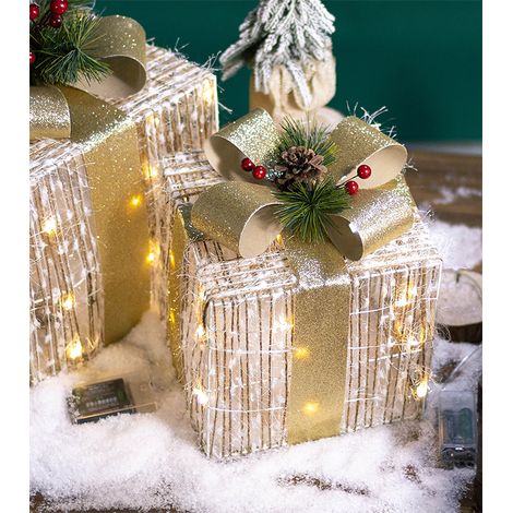 Lot de 3 décorations de Noël fer forgé lumineux, cadre cadeau empilé, ornements scintillants pour sapin, décoration festive maison, boîte cadeau métal