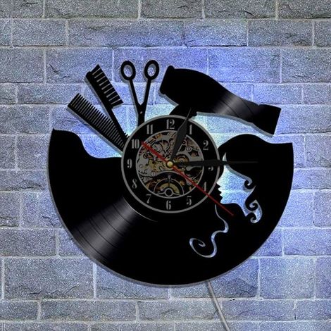 BelleRise - Horloge murale en vinyle sur le thème des salons de coiffure, avec veilleuse LED. Fonctionne comme une horloge murale. (1/5)