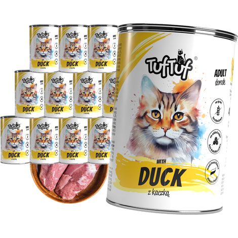 Comida h煤meda para gatos TufTuf. Lata de carne en conserva con pato. Paquete de 12 latas de 400 g.