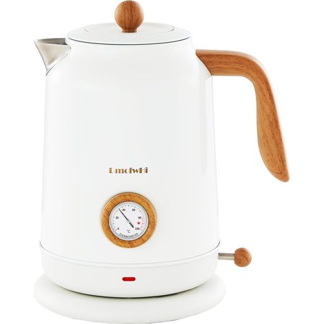 Bouilloire Electrique Inox 1,7L, Théière Vintage avec Indicateur de Température et Thermomètre, Silencieuse et Socle à 360° - Parfaite pour la Famille pour le Café et le Thé, Blanche (1/5)