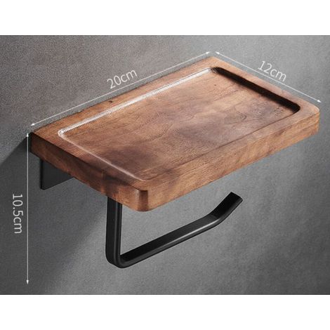 Porte-papier hygiénique sans perforation Porte-serviettes mural en bois massif de toilette de luxe léger (porte-serviettes en papier concave noir de 20 cm de long sans poinçonnage)