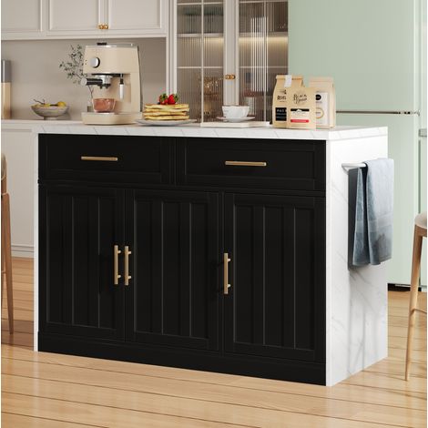 Desserte de cuisine 120x60x91 cm avec prises, USB, 2 tiroirs et 3 portes, noir (1/5)
