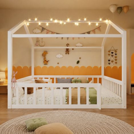 Cama infantil casita de pino blanco 90x190 cm 2 en 1 con barandillas y LED (1/5)