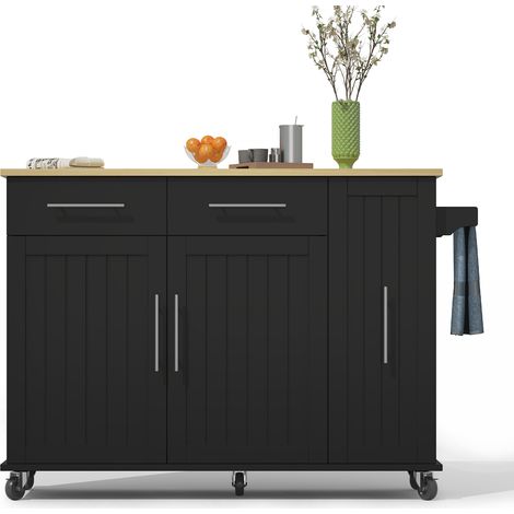 Îlot de cuisine roulant noir avec table rabattable, 3 étagères coulissantes, rangement intérieur, porte‑serviettes et 2 tiroirs – Pour salle à manger