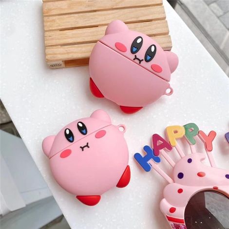 Schützende Silikonhülle für AirPods 1 und 2, niedliche Hülle mit pinkfarbenem Kirby-3D-Design, robuste Abdeckung mit Karabinerhaken, Zubehör kompatibel mit Apple AirPods. (1/5)