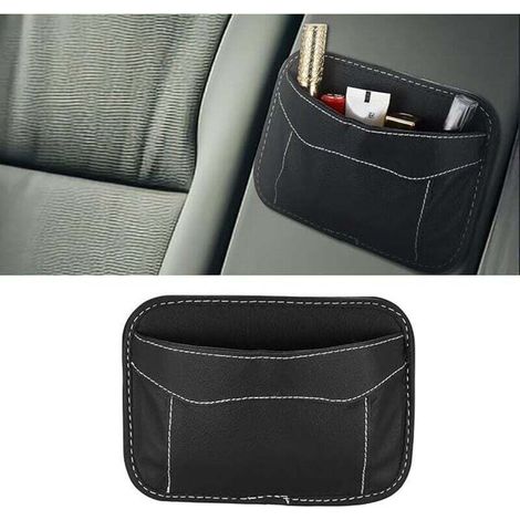 Organizer laterale autoadesivo per auto, mini vano portaoggetti per sedile auto, custodia in pelle per sedile auto, tasca laterale per schienale per telefono, chiavi - Nero - Crezuo