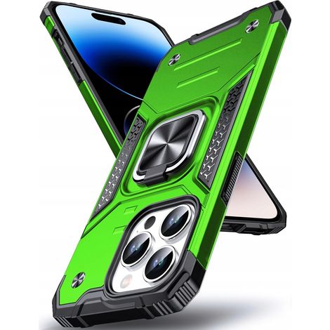 Coque iPhone 15 Pro verte avec anneau renforcé et aimant Dasfond 6,1"