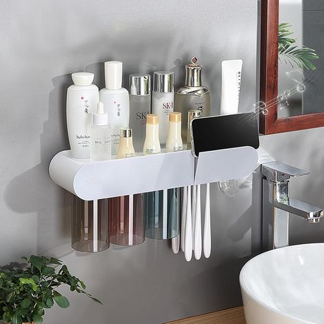 Wall-Mounted Toothbrush Holder for Bathroom, 2 Magnetic Toothbrush Cups with Toothpaste Dispenser, Drawer and 6 Brush Slots, Large Capacity Tray (1/5)