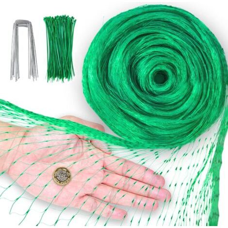 4M x 10M Filet Anti Oiseaux avec 10 Piquets de Jardin en Forme U et 50 Attaches Câble, Vert Filets Protection pour Potager Bassin Volière Arbres Plantes Étang, 004-5