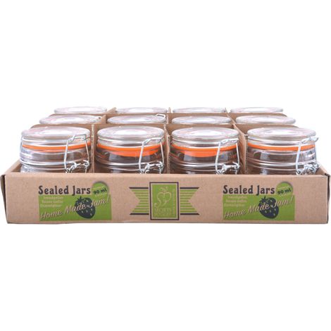 Esschert Design – Pack de 12 bocaux en verre transparent 9cl – Dimensions L 27,5 x P 24 x H 7,5 cm – Matériau : verre, métal, caoutchouc