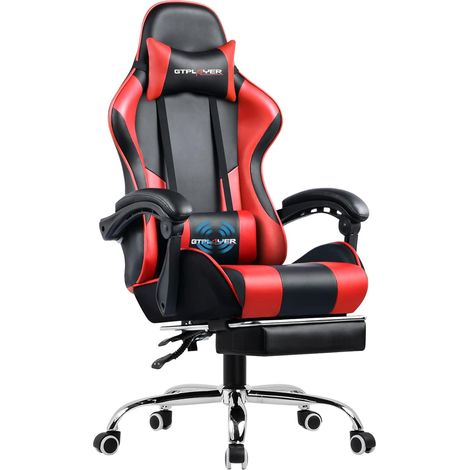 Chaise gaming ergonomique simili cuir rouge – Dossier réglable 135° – Repose-pieds rétractable – Accoudoirs rembourrés – Cadre métallique robuste