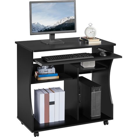 Yaheetech – Bureau informatique à roulettes 80,1 x 48,1 x 76,2 cm – Support clavier coulissant 74,1 x 23,5 cm – 4 étagères – MDF noir
