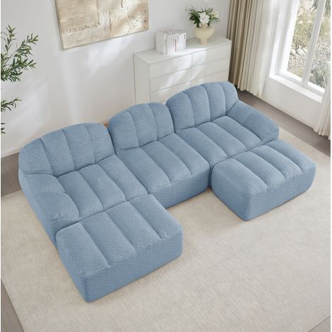 Divano modulare 288x165x79 cm blu in pile granulato con seduta profonda e pouf per soggiorno (1/5)