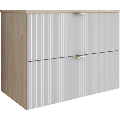 Mobile da bagno con frontale scanalato 80 cm con 2 cassetti, noce chiaro (MDF), con frontale bianco, con maniglia dorata, 80 x 47 x 60 cm (1/5)