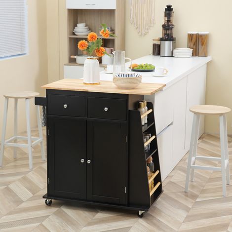 Küchenwagen mit Schrank, 2 Schubladen und 3-stufigem Gewürzregal, Kücheninsel mit verstellbarem Einlegeboden, Handtuchhalter und 4 Rollen (2 davon mit Bremsen), 89 x 45 x 89,5 cm, Schwarz