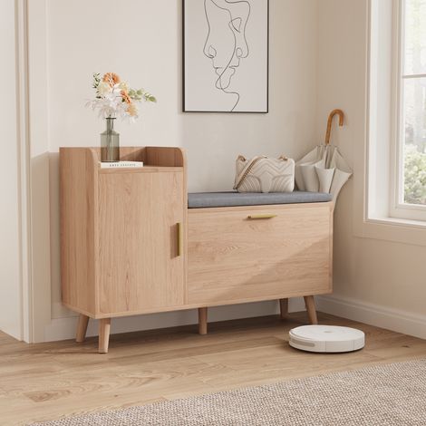 Schuhschrank mit gepolsterter Bank, 2 Schuhfächern, Seitenschrank und offenem Regal – nordischer Stil, helles Holz