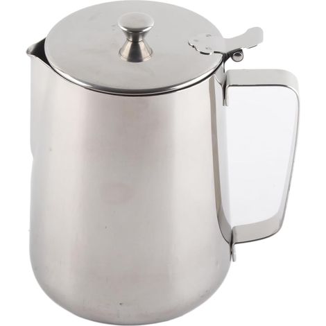 Pichet à lait, pot à lait inox avec couvercle (600, Millilitres) Pichet à lait en inox, anti-fuite, mousse durable pour café à la maison, couleur argentée. (1/5)
