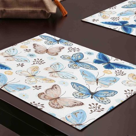 Ensemble de 4 sets de table, motif papillons bleus, marrons et blancs, lavables, tissés et résistants à la chaleur, pour table à manger, style champêtre, extérieur, 45,7 x 30,5 cm (1/4)