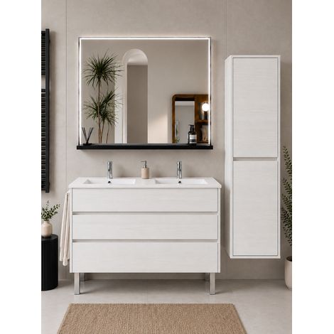 Badmöbel mit Waschbecken ORIGENBATH IMPERIA ohne Spiegel 120x45 cm Doppelwaschbecken nordisch weiß mit Säule