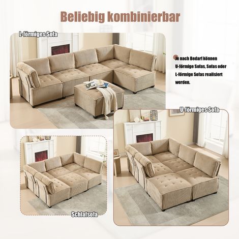 Canapé modulaire 6 places, tissu velours côtelé, ergonomique, poches de rangement, convertible en U/L ou canapé-lit, structure bois et métal robuste, montage facile, kaki. (1/5)