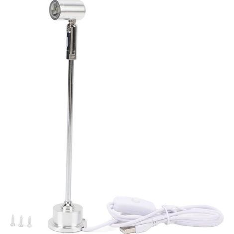 Spot sur pied miniature pour vitrine bijoux 1W, lampe d'ambiance USB 5V pour présentoir et aquarium, couleur argentée, hauteur totale 22cm, lumière neutre 4000K (1/5)