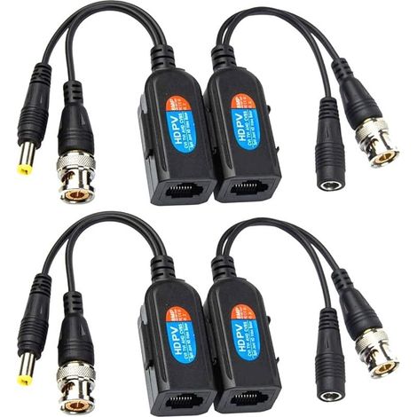 4 Pcs Balun HD Cat5 RJ45 vers BNC émetteur-récepteur Baluns Vidéo Passif avec Connecteur d'alimentation pour Caméra 1080P 3MP 4MP 5MP 8MP HD-CVI/TVI/AHD/CVBS / 960H (1/5)