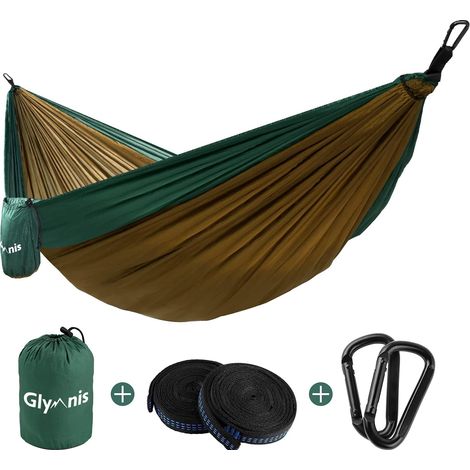 Hamac en nylon ultraléger Glymnis, capacité de charge 300 kg, 275 x 140 cm, avec 2 sangles en nylon et 2 mousquetons (camping, voyage, extérieur, jardin) – Marron (1/5)