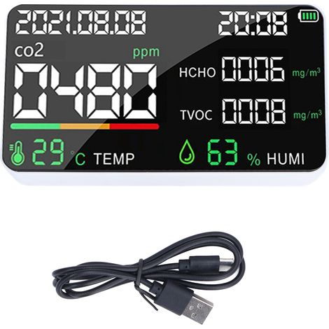 Détecteur de CO2 Rechargeable USB 1200mAh - Mesure CO2, HCHO, Humidité et Température - Alimentation 5V - Blanc (1/5)