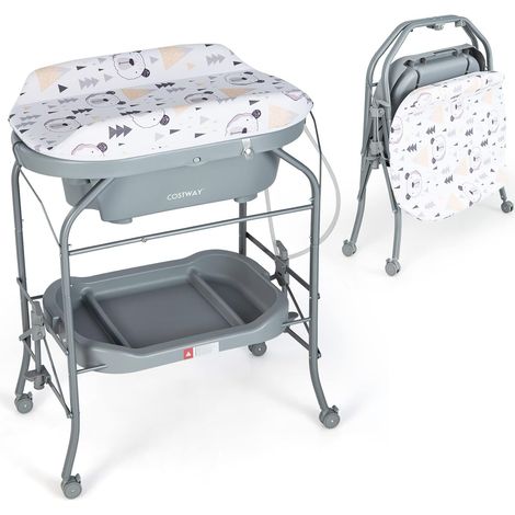 Costway – Table à langer 2 en 1 avec baignoire ergonomique – Plateau de rangement – Pliable avec 4 roues universelles – Charge 35kg – Pour bébé 0-12 mois – Gris